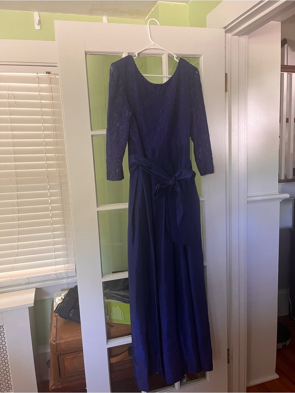 R&M Richards Navy Blue Long Sleeve Evening Gown